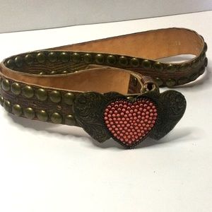 LEATHEROCK PINK CRYSTAL HEART BUCKLE LEATHER BELT LARGE VINTAGE EUC